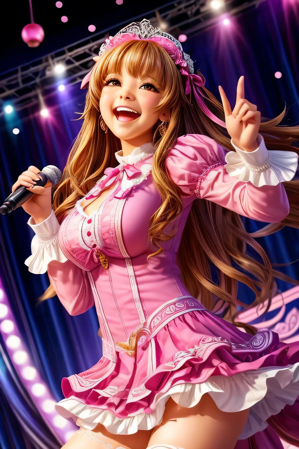 Highest quality、High resolution、Detailed Background、(Beautiful face in every detail:1.4)、Anatomically correct、Detailed facial expressions、Detailed eyes、Teenage beauty、(Highly detailed face:1.4)、Huge breasts、Brightly colored hair、well-groomed eyebrows、colorful stockings、A big smile、Uplifting、Idol Style、Accentuate your breasts、Cowboy Shot、

(A girl is smiling and singing and dancing on stage:1.5)、

Bright and pop colours、Ruffles and laces、Sleeves and hems of clothing、Ruffles and laces are applied to the collar etc.、Motifs such as hearts、Dresses and skirts、Femininity and cuteness、Hair accessories and ribbons、very beautiful