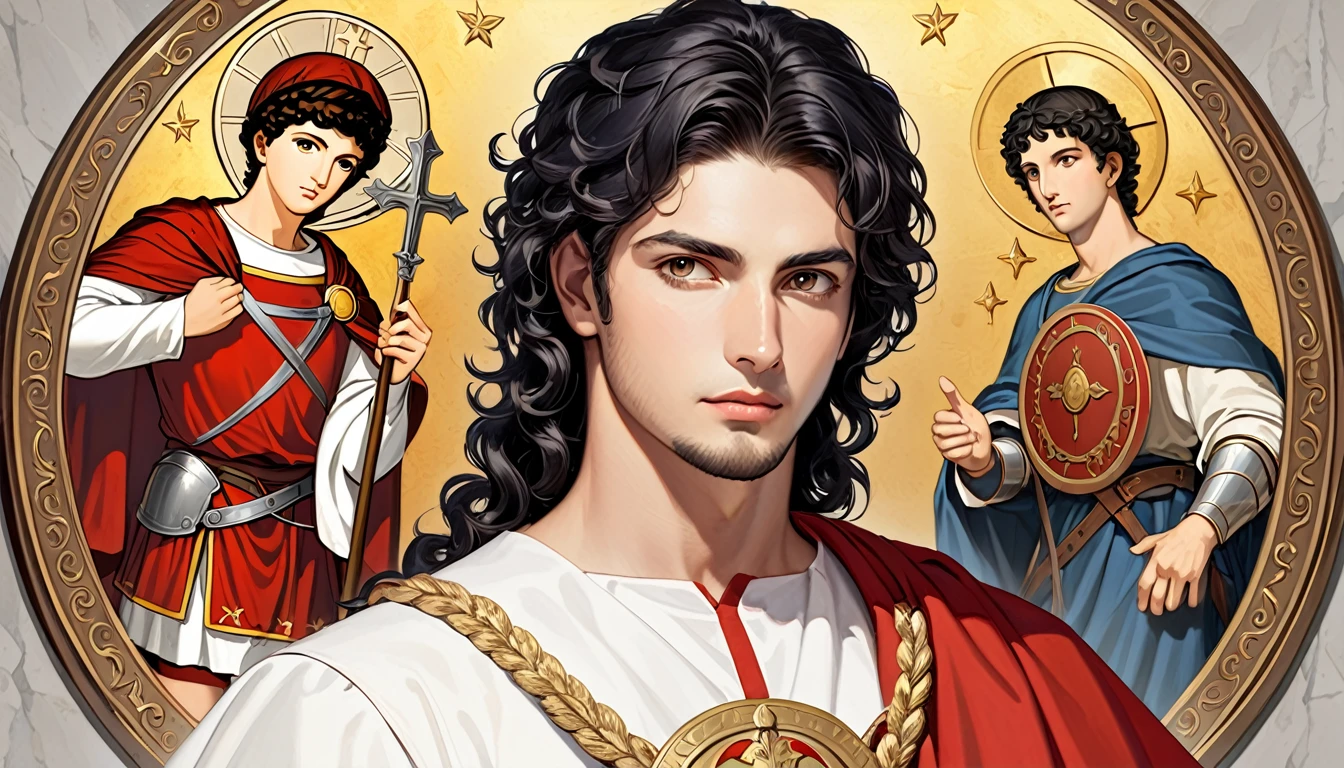 Image of Saint Expeditus with armor and Roman shield, in a prayer pose
Santo Expedito is a young white man, without beard or mustache, curly black hair, Roman costume, man from the 4th century, Renaissance digital painting, religious art
