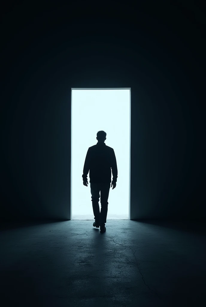A man walking in a dark road with a bright door in front of him