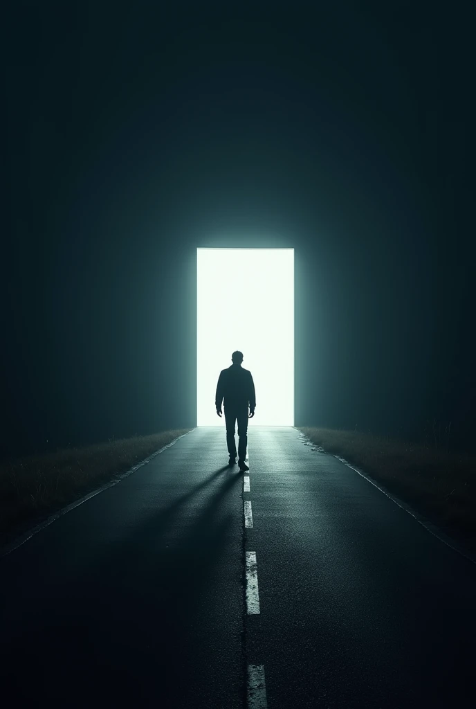 A man walking in a dark road with a bright door in front of him