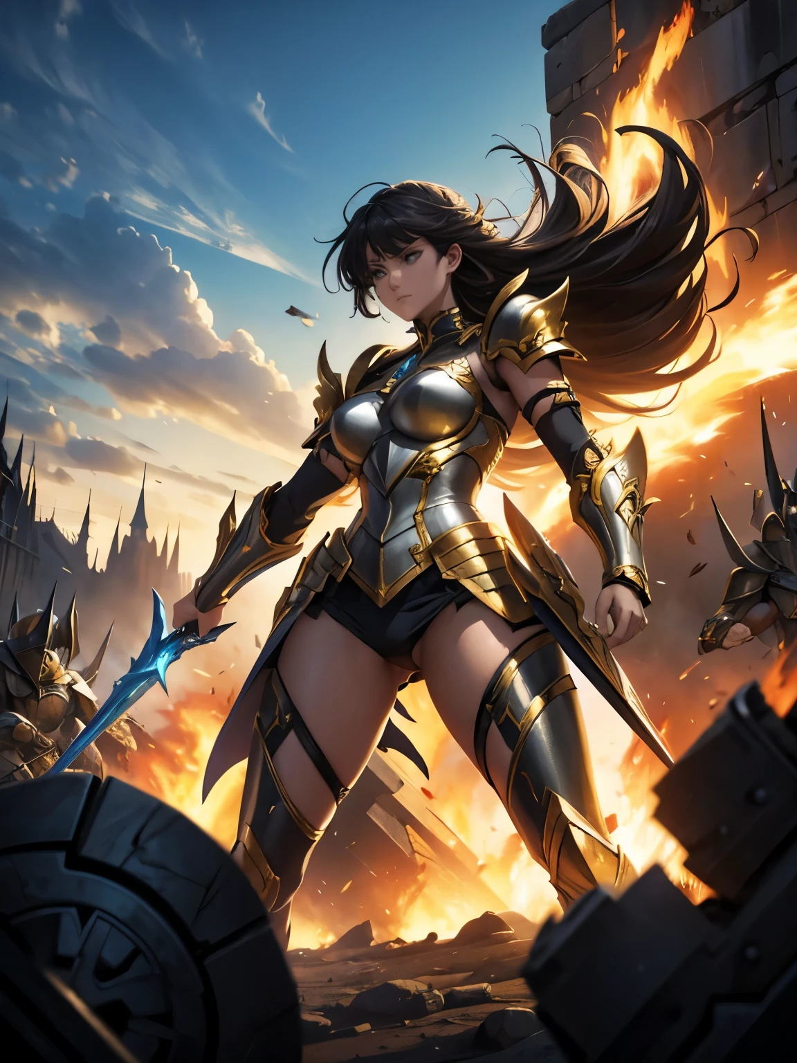 [Core Concept] A powerful and heroic young woman clad in a gleaming golden suit of armor, standing amidst the chaos of a fierce battlefield. [Character Description] The girl's face is framed by messy, wind-swept hair, her expression determined and resolute as she strikes a cool, action-ready pose. Her armor, though broken and battle-worn, still shines with an otherworldly radiance, evoking the iconic Saint Seiya aesthetic. [Environment/Background] The background is a dramatic scene of a raging battlefield, with fires burning and smoke billowing, creating an intense and dynamic atmosphere. [Style and Atmosphere] The overall style is a masterful blend of realism and fantasy, with the girl's armor and pose conveying a sense of strength and heroism, while the chaotic battlefield background adds a sense of danger and high-stakes conflict. [Composition] The composition places the girl as the central focus, her golden armor and powerful stance commanding the viewer's attention, while the surrounding environment frames and enhances the drama of the scene. [Details and Embellishments] The ragged, tattered clothing and the broken pieces of armor on the girl's body add a sense of gritty realism, highlighting the intensity of the battle she has endured, while the Saint Seiya-inspired design of the armor lends an air of mythic grandeur. [Technical Specifications] This is a high-quality, masterfully crafted digital illustration that showcases exceptional attention to detail, vibrant colors, and a striking sense of dynamism and energy.