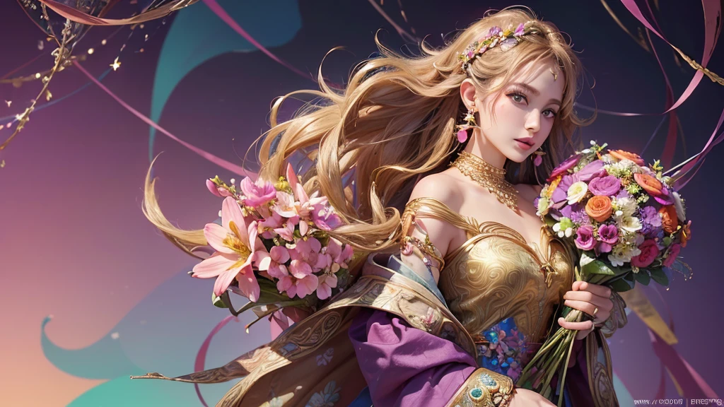 32K, 最高quality, 最高masterpiece, (ultra-Detailed Background, Detailed Background), High resolution, Super detailed, Very detailedな, One girl, (bouquet:1.3), (Tangled:1.2), (Geometric:1.2),(colorful),(masterpiece, quality, best quality, Official Art, Beautiful and beautiful:1.2), (1 girl:1.3), Very detailed,(colorful:1.1)(Flowers:1.3),Most detailed,(Tangled:1.2), whole body, (Abstract background:1.3), (Skin glows), (Many colors:1.4), ,(Earrings Jewelry:1.5), Pink Background,