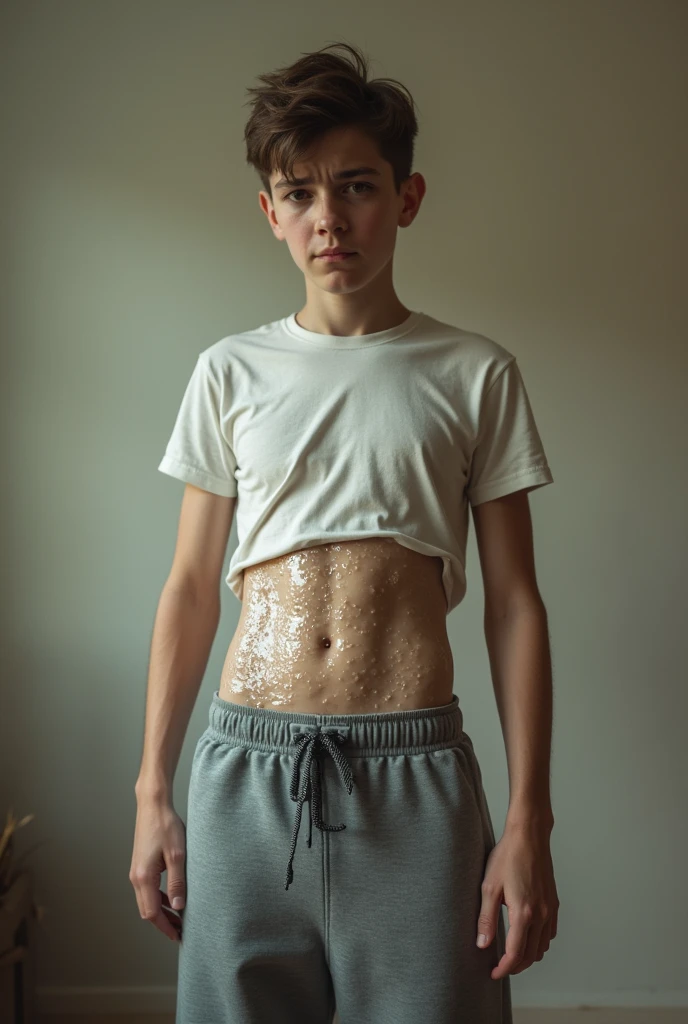  boy in sweatpant having sperm on his abs