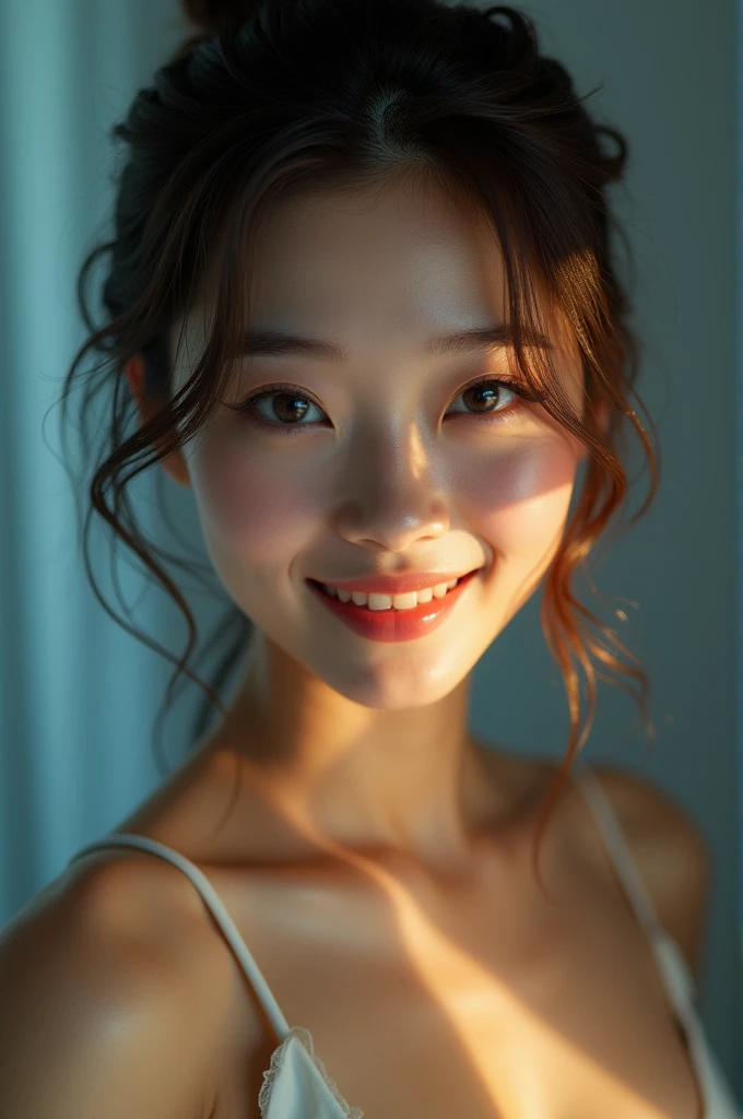 (realist, photorealistic: 1.37), (masterpiece, Best Quality: 1.2), (ultra high resolution: 1.2), (raw photo: 1.2, shots on nikon), (sharp focus: 1.3), (facial focus: 1.37), (Ultra detailed CG Unified 8k wallpaper: 1.2), (beautiful skin: 1.2), (Pale skin: 1.3), (Hyper sharp focus: 1.5), (Ultra sharp focus: 1.5), ( Beautiful pretty face: 1.3), (Super detailed background, background detail: 1.3), BREAK, Very cute and beautiful Japanese photos of women., (sexy model), , (22 years: 1.1), Portrait of a girl with a bright smile, Upper body image que se vea todo el cuerpo standings a cabeza, When seen from the front, The composition is symmetrical., (studio lighting: 1.3), (cinematic lights: 1.3), (Backlight: 1.3), dim lighting, lighting that covers the entire body, (looking directly at you, standing:1.3, arms up showing sensuality ; open legs showing the vagina ; totally naked, beautiful hair with curly and blonde pubes arranged , heart shaped, big clitoris, her perky breasts. Perfect Rounds, and big pink nipples ; excited, perfect face, GUAP:1.3, random,  BREAK, (thin hair half up bright brown: 1.2), turquoise blue eyes, upturned eyes, pretty eyes, princess eyes, ((Brown hair:1.3)), only hair, hits, hair between the eyes, by the wide, Pavement, ABS, perfect ABS, (big-chest;1.20, big chest:1.20, Great cleavage:1.20), (Thin waist: 1.15), (Beautiful detailed girl: 1.4), (bare shoulder, tight chest, View viewer,  attractive look), Alone, Chapped lips, pink lips, (shiny skin), sweat, (classroom background:1.5), (light and seductive smile:1.25), ((perfect female body)), (Upper body image:1.3), Frame the head, perfect anatomy, perfect proportions, 8.5 life size, facial focus, Ultra realist Photo, hyper-sharp image, Hyper detailed image 