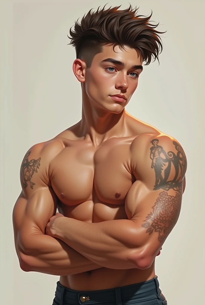 13 yo guy with slightly strong body and nice hair cut with sharp jaw line and veins on arms