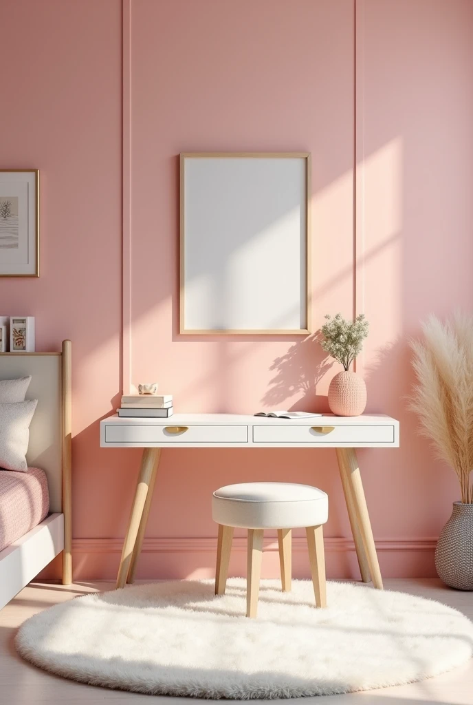 I would like a picture of a modern girl's bedroom with pink walls and a modern vanity with a white rug.