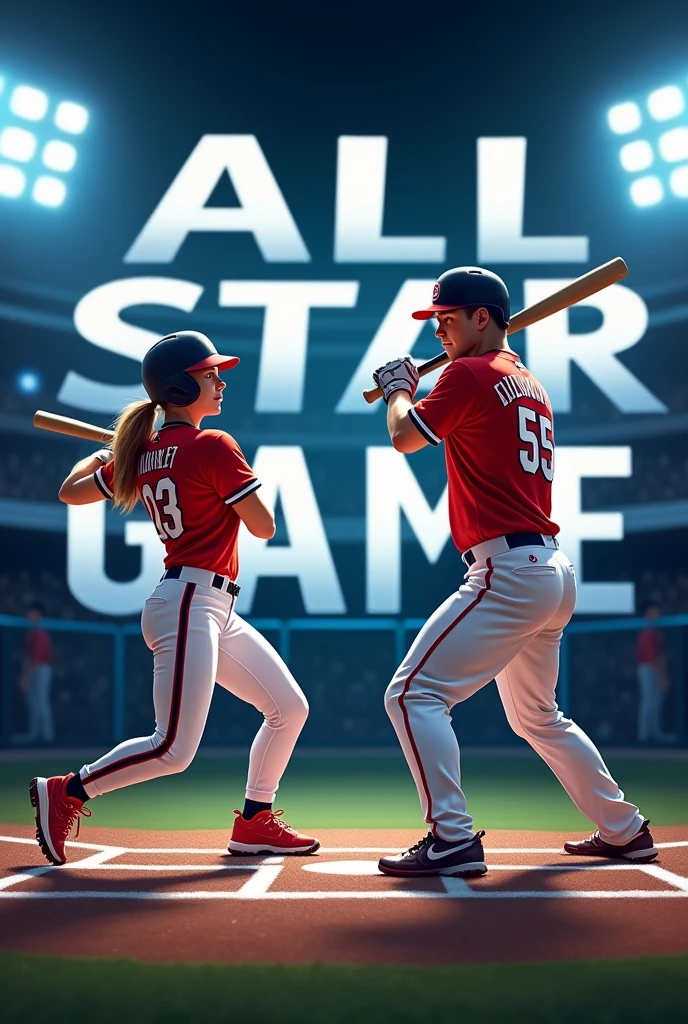 Baseball studio background with ALL-STAR GAME text, a female hitter facing and a male hitter facing