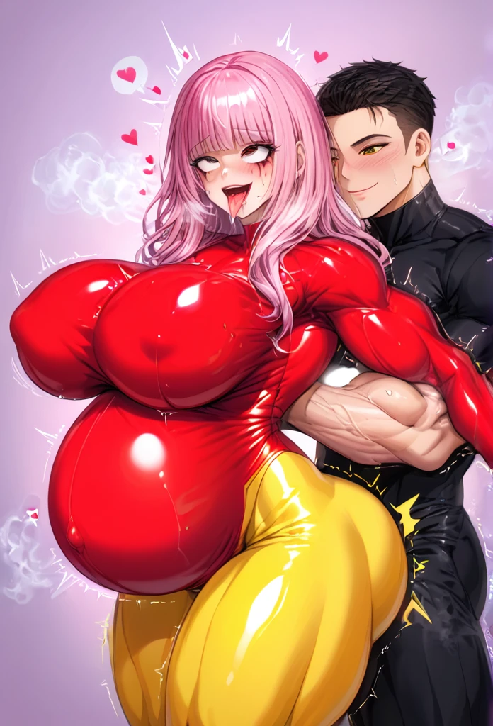 software, (Beautiful yellow latex pants, Red latex jumpsuit with top,),Black long boots(Big Breasts, Beautiful breasts, Large Breasts), Tall,A giant body of about 3 meters,More macho,Very muscular,Hard muscles,Muscular arms,Firm breasts,Tight waist, Curvaceous figure,Very large pregnant belly ,Ahegao, Hollow Eyes,saliva, Drooling,Very bright smile,Keep your mouth wide open,Sweat, trembling, Large amount of steam,shortness of breath,Highest quality, Flashy villain makeup,Pink Hair, Bob Hair,Eyes are hearts,Blushing,both women,The tongue is very long,Rubbing her body against the man