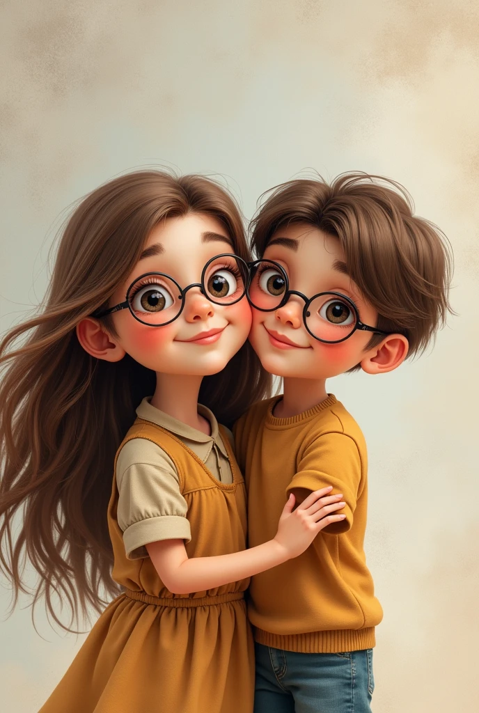 A brown-haired girl with glasses and light skin and a dark-haired boy with slightly long brown hair combed to one side, the boy does not have glasses 
