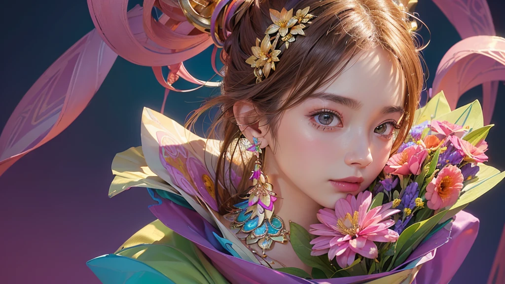32K, 最高quality, 最高masterpiece, (ultra-Detailed Background, Detailed Background), High resolution, Super detailed, Very detailedな, One girl, (bouquet:1.3), (Tangled:1.2), (Geometric:1.2),(colorful),(masterpiece, quality, best quality, Official Art, Beautiful and beautiful:1.2), (1 girl:1.3), Very detailed,(colorful:1.1)(Flowers:1.3),Most detailed,(Tangled:1.2), whole body, (Abstract background:1.3), (Skin glows), (Many colors:1.4), ,(Earrings Jewelry:1.5), Pink Background,