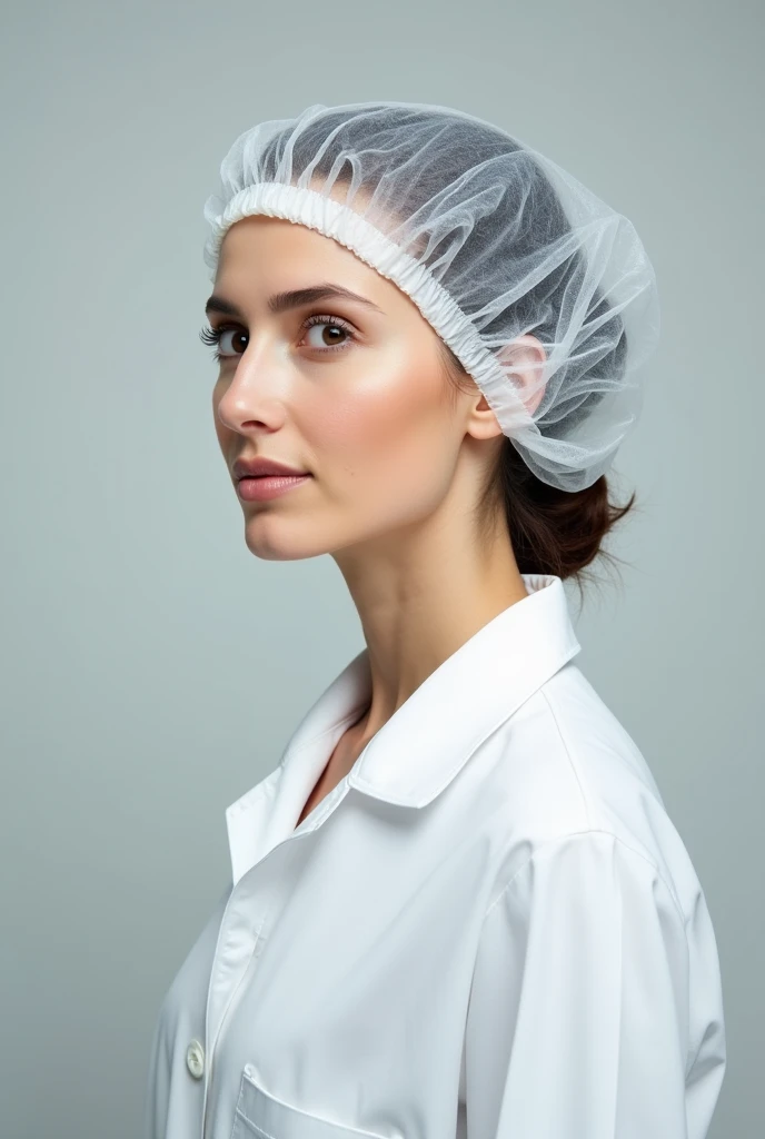 female nutritionist with hair all covered with a white cap and dressed in a lab coat, very professional forward facing profile 


