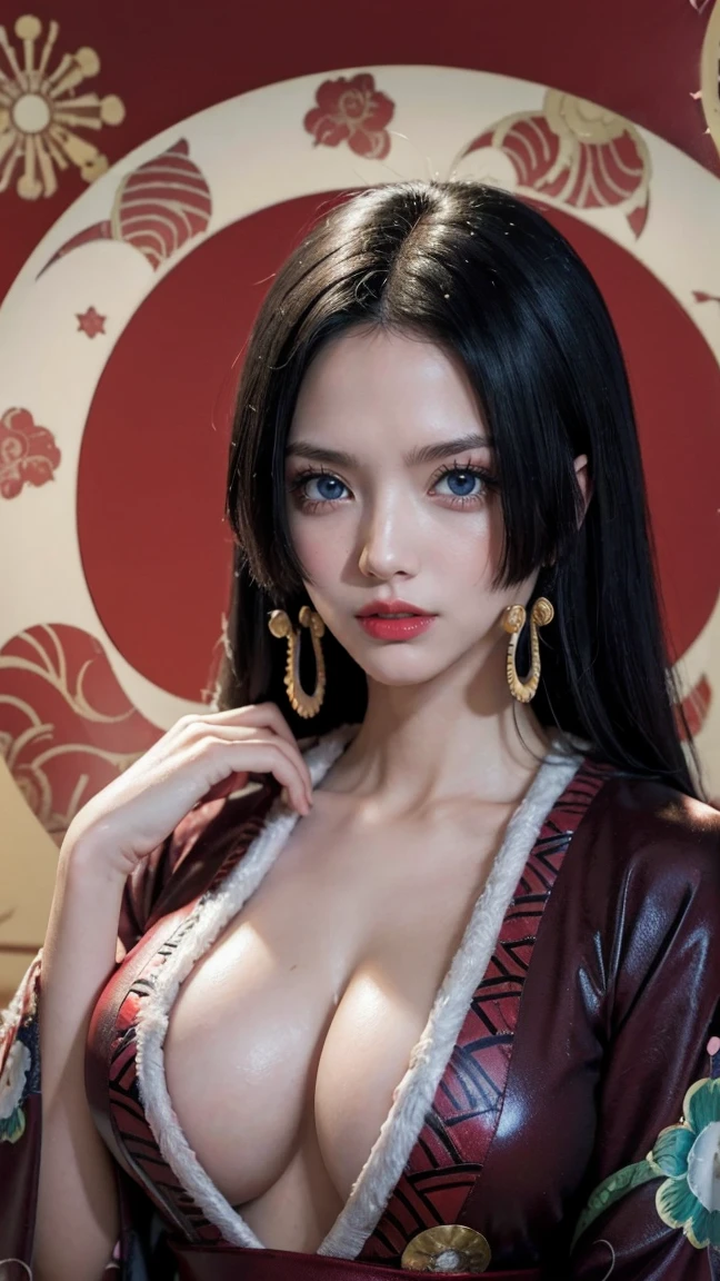 a person with long hair, red kimono, boa hancock, boa hancock from anime one piece, as an anime character, perfect anime face, she has black hair with bangs, female anime character, anime character, anime best girl, hime cut hairstyle, black hair, (red glossy lips:1.3), blue eyes, smile, sea background, (beautiful face:1.3) big boobs