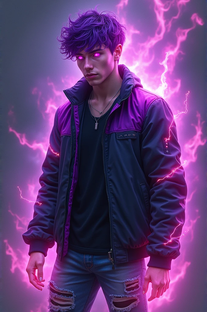 Young RPG villain with ripped shirt, with power of darkness, some purple rays coming out of it, as if he had reached the peak of power