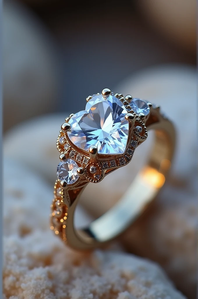 ((best quality)), ((masterpiece)), (detailed), engagement ring, heart cut stone, que tenga a ligera torción, a "h" grabada en a un lado de la piedra y a "m" in the other side