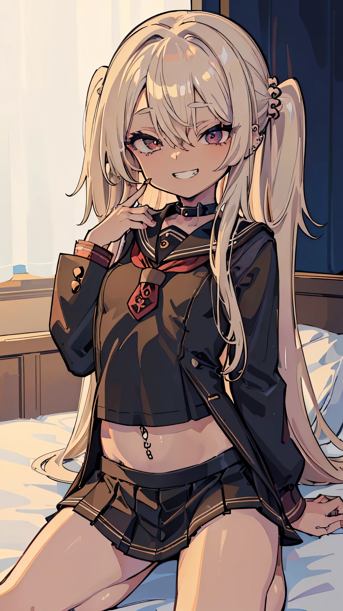 (masterpiece、Highest quality、Very detailed))、One girl、((Brown skin:1.3))、Blonde、Long Hair、straighthair、((hair over one eye))、Grey Eyes、evil smile、((Grin))、((lots of piercing))、((Small breasts))、((Black Sailor Suit))、Long sleeve、belly button、((Black pleated skirt))、((micro miniskirt))、kneeling、On the bed、Bedroom Background