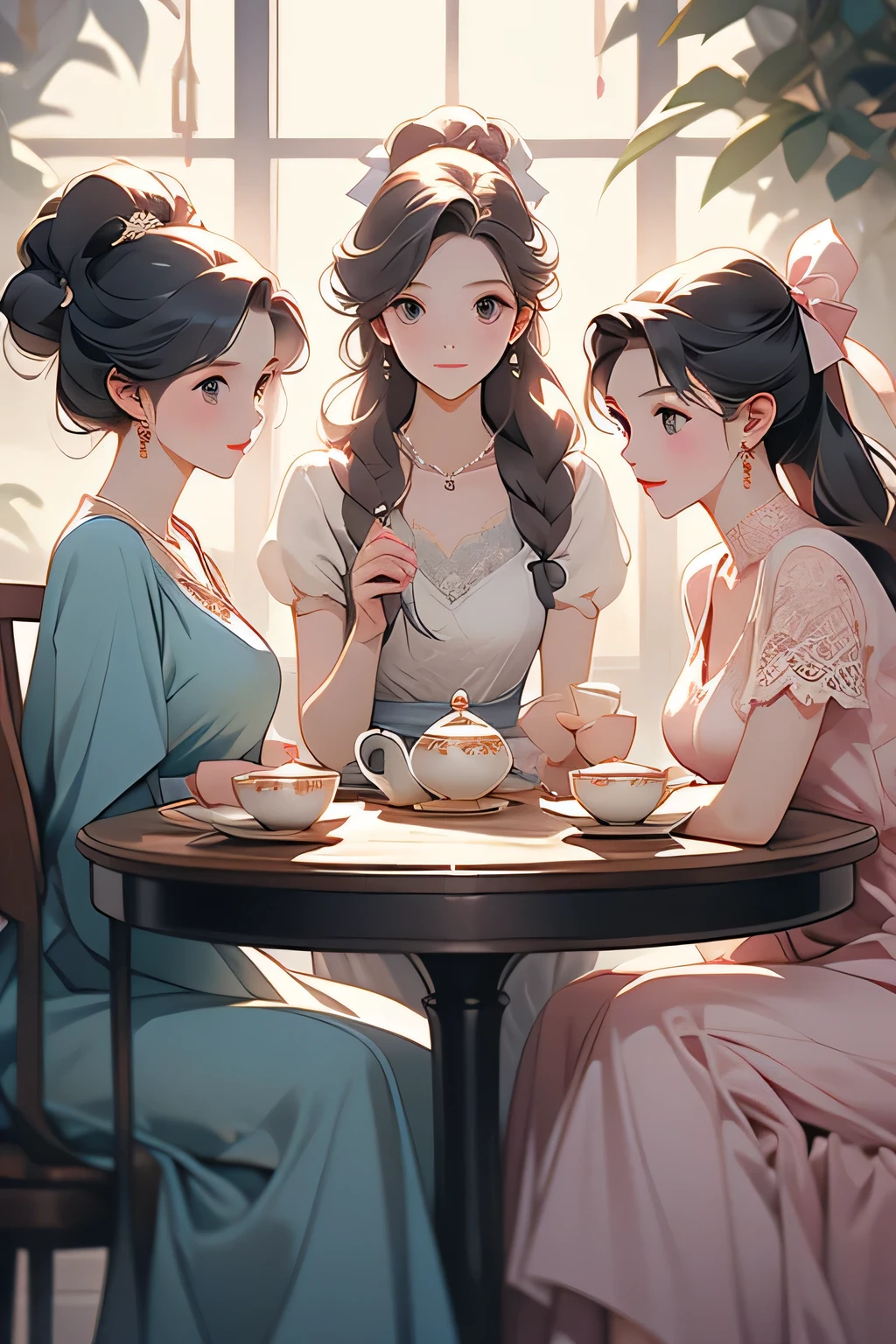 Highest quality、High resolution、Detailed Background、(Beautiful face in every detail:1.4)、Anatomically correct、(Detailed facial expressions)、Detailed eyes、age beauty、(Three Women)、Highly detailed face、cute hair color、ponytail、Braided bob cut、Wavy Hairstyle、well-groomed eyebrows、Calm atmosphere、Happy expression、Cute Cafe、
(Three girls enjoying tea time at a coffee shop:1.5)、
Flared silhouette dress、Camisole dress with frills and lace、A-line dress with ribbon and flower motif、pink、Pastel Blue、Soft colors such as lavender、A clean base color such as white、
Ribbon and flower hair accessories、Pearl and jewel necklaces、bracelet、Lace bag、Pumps with ribbon、Suede or velvet short boots、cute