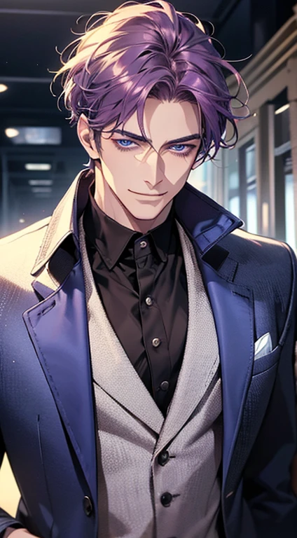 (best quality, masterpiece, 8K, photorealistic, cinematic lighting, 1:4 hdr image, ultra detailed, beautiful image), a mature man, 35 years very handsome, ((cold expression smile in love)), short purple hair, blue eyes, face perfect without mistakes, ((buttoning his jacket, CEO)), smile.