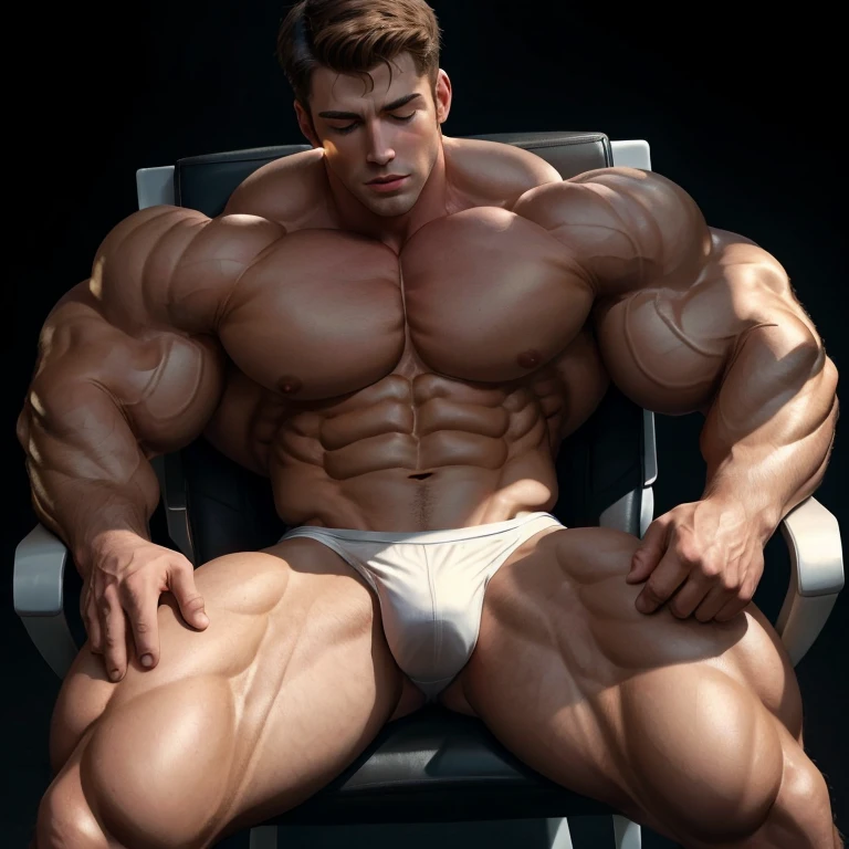 MCAmerica, a very handsome young man, eyes closed, shirtless wearing white underwear, exaggeratedly muscular, exaggeratedly huge muscles, sitting on a chair, seen from above on a black background