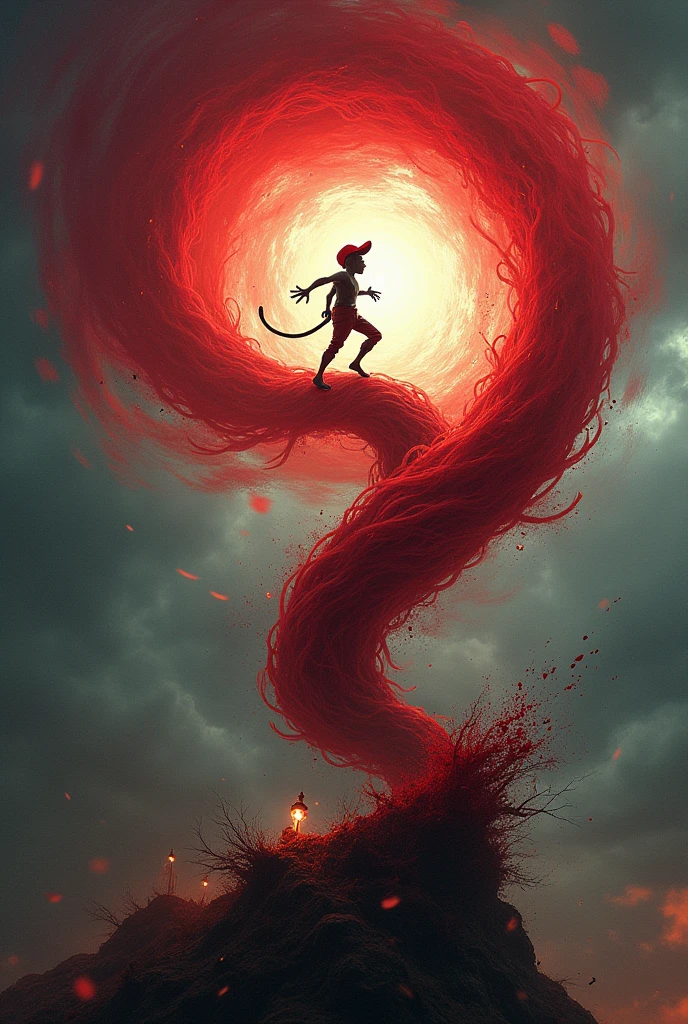 Saci Pererê riding a red hurricane