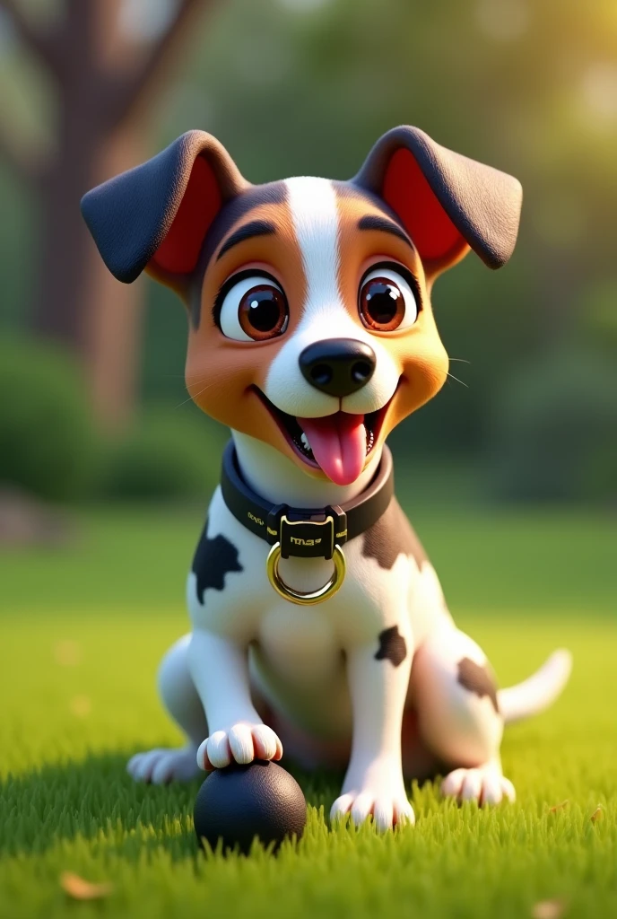Can u make a jack russel with a only brown medium head, mouth open, ears up, black cow print back sitting down on grass with a collar saying Mylo with a small rubber black ball next to him