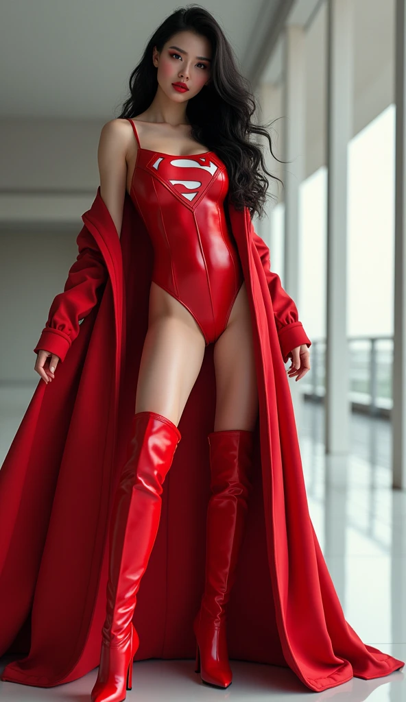 Beautiful curvy Chinese white skin girl, red lips, Red body suit, superman logo, Coat, boots, standing pose at photoshoot, highly detailed, hd, ultra detailed, ray tracing, high resolution, stunning visuals,