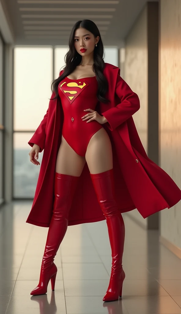 Beautiful curvy Chinese white skin girl, red lips, Red body suit, superman logo, Coat, boots, standing pose at photoshoot, highly detailed, hd, ultra detailed, ray tracing, high resolution, stunning visuals, 