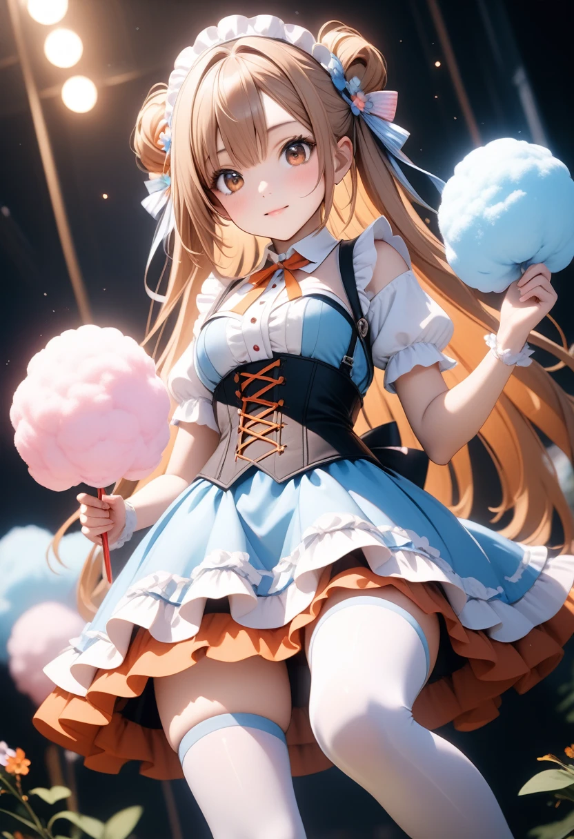 close (((Yuuki Asuna))) ソードartオンラインアニメより, Ethereal, soft, porcelain-like orange hair, Amber Eyes, corset, White tight clothes, Thigh-high socks, Bubble Butt, Starlight, cotton candy, Lolita Fashion, Thighs, artステーション, trend, Ultra HD, 4K, Detailed anatomy, (Glowing Skin), ((Oily skin)), Dramatic lighting, High Contrast, cute, Skin dents, delicate, 高品質のUnreal Engine 5, cute , hyper realistic style, Detailed face, Floral Accessories, Soft pastel background colors, art:Sakimi-chan, Discovered, Unreal Engine 5, Cinematic, Color Grading, Portrait Photography, Ultra Wide Angle, Depth of written boundary, Ultra-detailed, Beautifully color-coded, Insane Details, Intricate details, Beautiful color gradation, ai-generated,Shiny Costumes, skindentation,