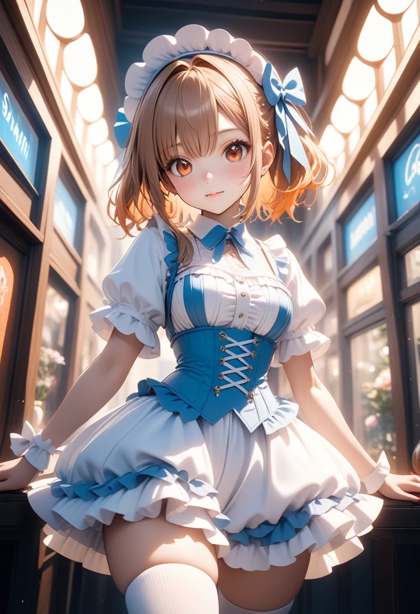 close (((Yuuki Asuna))) ソードartオンラインアニメより, Ethereal, soft, porcelain-like orange hair, Amber Eyes, corset, White tight clothes, Thigh-high socks, Bubble Butt, Starlight, cotton candy, ta Fashion, Thighs, artステーション, trend, Ultra HD, 4K, Detailed anatomy, (Glowing Skin), ((Oily skin)), Dramatic lighting, High Contrast, cute, Skin dents, delicate, 高品質のUnreal Engine 5, cute , hyper realistic style, Detailed face, Floral Accessories, Soft pastel background colors, art:Sakimi-chan, Discovered, Unreal Engine 5, Cinematic, Color Grading, Portrait Photography, Ultra Wide Angle, Depth of written boundary, Ultra-detailed, Beautifully color-coded, Insane Details, Intricate details, Beautiful color gradation, ai-generated,Shiny Costumes, skindentation,