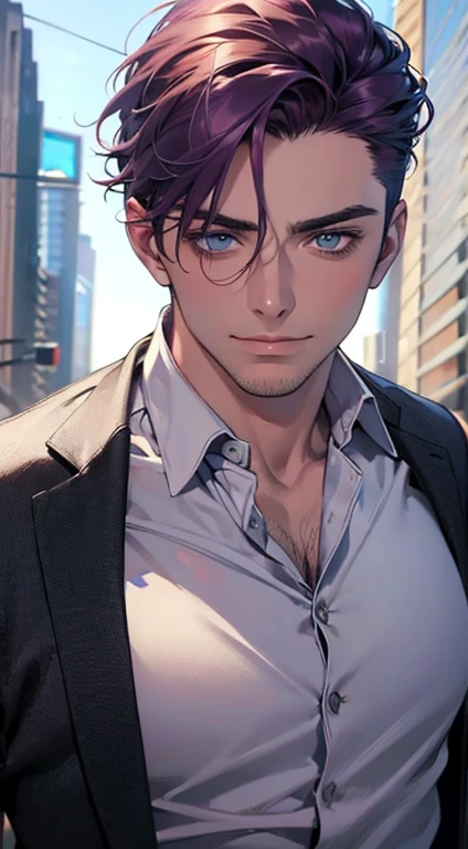 (best quality,4k,8k,highres,masterpiece:1.2),ultra-detailed,(realistic,photorealistic,photo-realistic:1.37),1 man,31 years old, man,very handsome,without expression,smile,short purple hair,blue eyes,penetrating gaze,perfect face without errors,imposing posture,businessman,office background,cinematic lighting,hdr image
