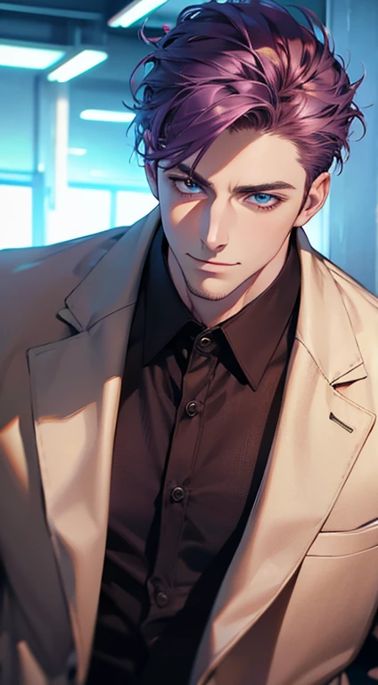 (best quality,4k,8k,highres,masterpiece:1.2),ultra-detailed,(realistic,photorealistic,photo-realistic:1.37),1 man,31 years old,mature man,very handsome,without expression,smile,short purple hair,blue eyes,penetrating gaze,perfect face without errors,imposing posture,businessman,office background,cinematic lighting,hdr image
