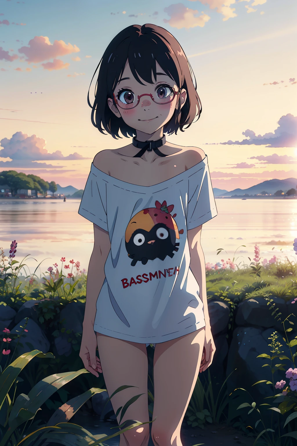 (high quality)，One ，10 years old，Baby Face，naked，Very short stature，very small flat chest，Very flat chest that looks like it might expand，Very thin limbs，Very thin thighs，Small Ass，naked，Extra long t-shirt with extra large, very loose collar、Loose Fit T-Shirt，（Off the shoulder），Glasses，grassland，A shy smile，blush，At dusk，Beautiful sunset，Midsummer，bright，bright色，watercolor, Ghibli style，