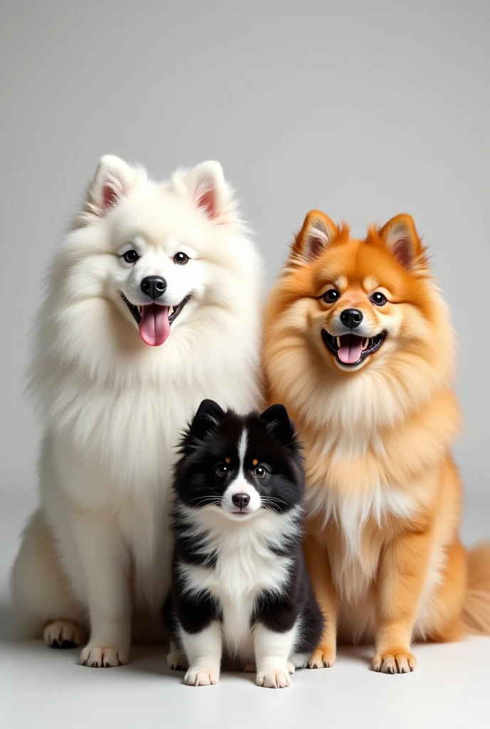 An average adult white German Spitz, two adult medium-sized white and caramel German Spitz, a small black and white male German Spitz puppy