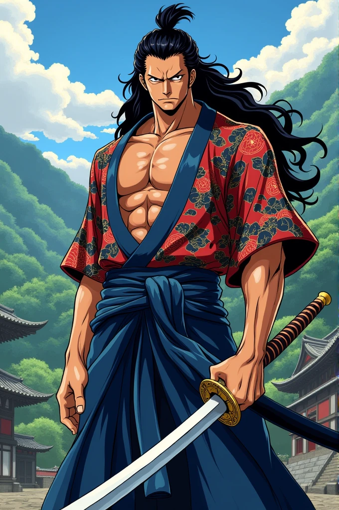 Create a picture of a 2D One Piece character whose appearance is a black haired swordsman in samurai clothes born in Wano whose name is Ryota is a muscular swordsman