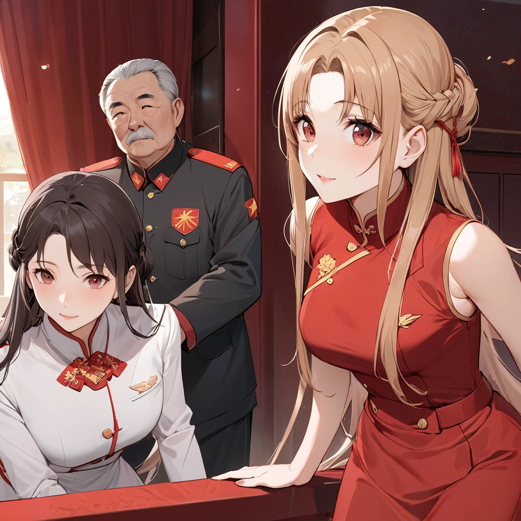 ((Highest quality)), ((masterpiece)), (detailed), （Perfect Face）、The woman is a Chinese woman named Yuuki Asuna.。, Light brown medium-long hair. She is wearing an engagement ring. She is a prominent member of the Chinese Communist Party.、She is the honored wife of a great old Communist Party cadre.、The woman is beautifully dressed in the gorgeous and glamorous red Communist Party uniform that is typical of the Chinese Communist Party.、An elegant Chinese lady in a posh room、A woman is a wonderful Chinese lady who loves and devotes herself to her husband, a good wife and mother, and the supreme joy of serving her husband and China is the absolutism of the Chinese Communist Party.