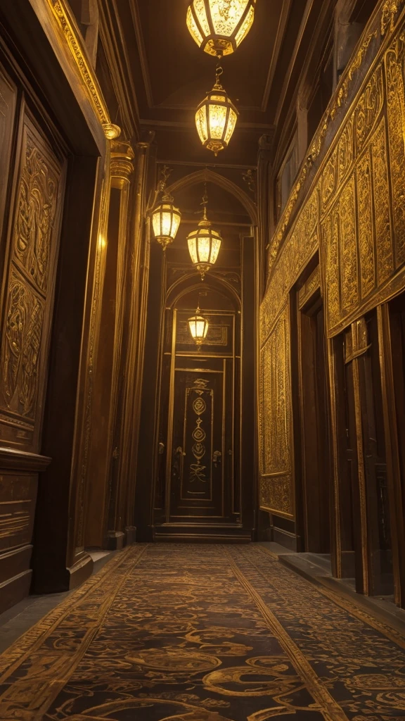 The hall of the gods, bathed in gold bright, at night, the streets lit with old lanterns, With a large counter in the center of the room