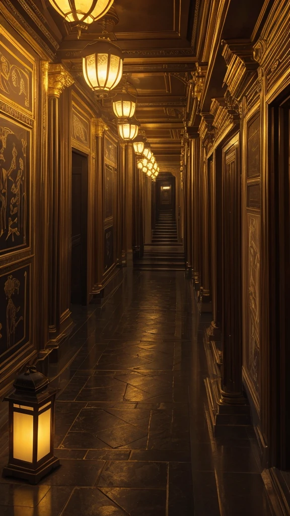 The hall of the gods, bathed in gold bright, at night, the streets lit with old lanterns, With a large counter in the center of the room