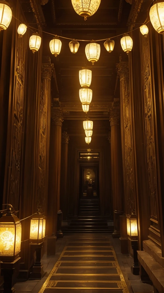 The hall of the gods, bathed in gold bright, at night, the streets lit with old lanterns, With a large counter in the center of the room