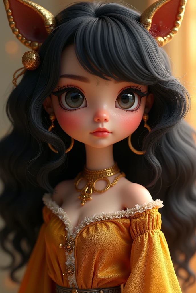 a cartoon doll with dark hair and golden details