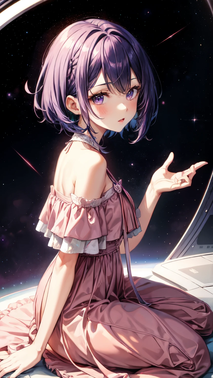 Girl with short purple hair in pink dress, purple space background, Ultra-high image quality