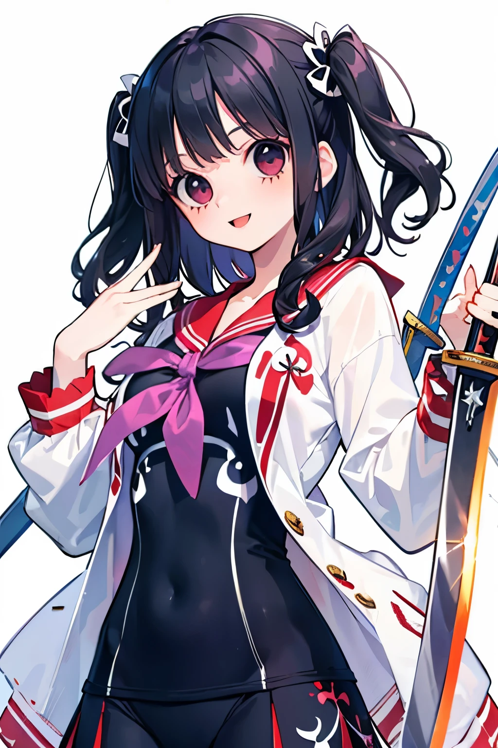 beautiful cute girl,((black hair:1.2)),(Medium wave hair:1.1),(purplered eyes:1.2),(sailor suit:1.25),((lace:1.2)),(smile:1.1),(open your mouth:1.1),(羽:1.2),((big Sword and blade:1.2)).