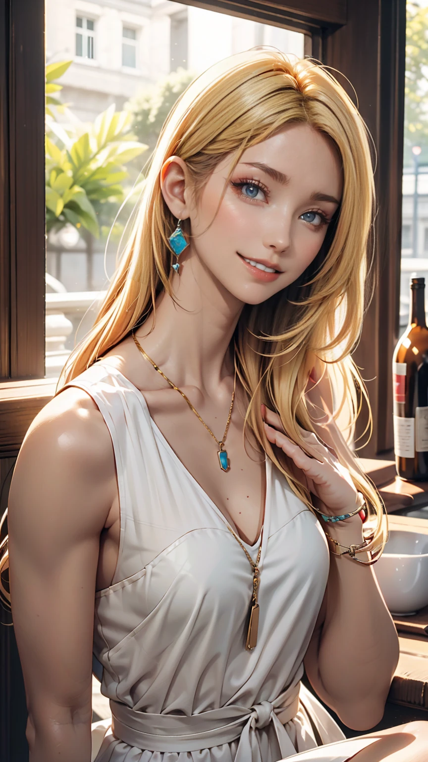 22 year old Caucasian female、Her hair color is blonde、blue eyes、Long Hair、Straight hair、Wrist Accessories、I&#39;チョーカーをつけているI、The skin is smooth、Laughter、A slim but muscular body、My heart is pounding、Laughter、Wearing a skater dress、Wearing red high heels、I&#39;Sitting on the city steps, Place your chin on your chin、Grin((A light smile ))