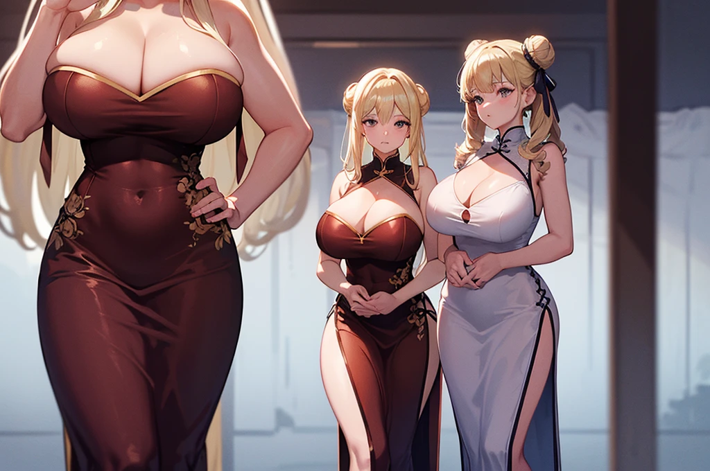 masterpiece, Highest quality, In detail, High resolution, Very delicate and beautiful, Volumetric lighting, Best Shadow, Shallow depth of field, One girl, blonde, (Huge breasts), Double Hair Bun, (China dress), (Cleavage), Pelvic Curtain, (Wide Hips)