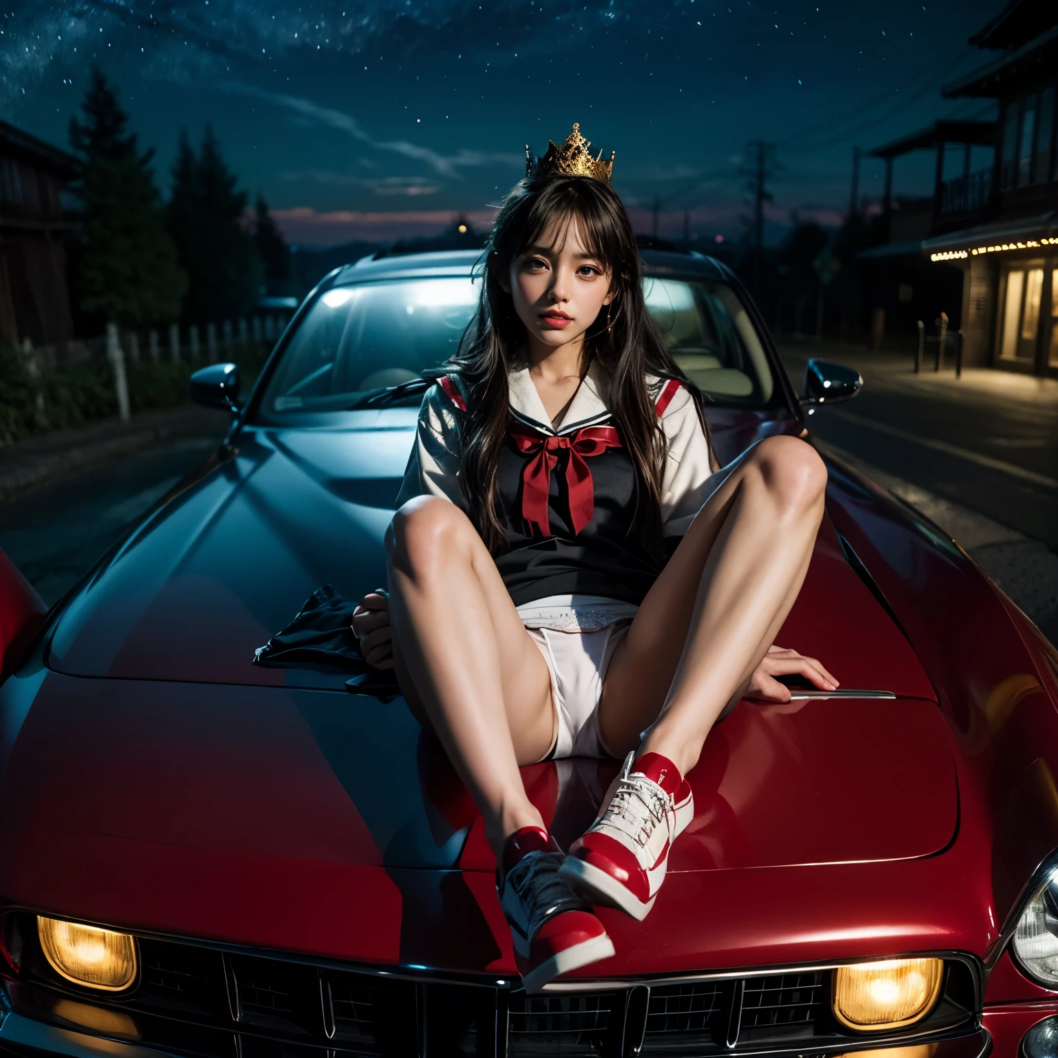 SFW, (Closeup from Crotch to Face) ExtremelyDetailed (SchoolGirl Lean against the Car) Spread Knees Up, perfect face, Brilliant(Tiny Crown), Detailed(Delicate Clothing textures) Sailor Uniform with Red Ribbon (((WhitePanties))), perfect hand (4 fingers and one thumb), Corrected Childish fingers, corrected leg to foot line, ((Starry Colorful Lights at Dusk City))((specular reflection of car body)), ((Hidden Arm) Hidden Sole), TopQuality 8K Ultra-detailed masterpiece (ProfessionalPhoto:1.37)(Acutance:0.8)