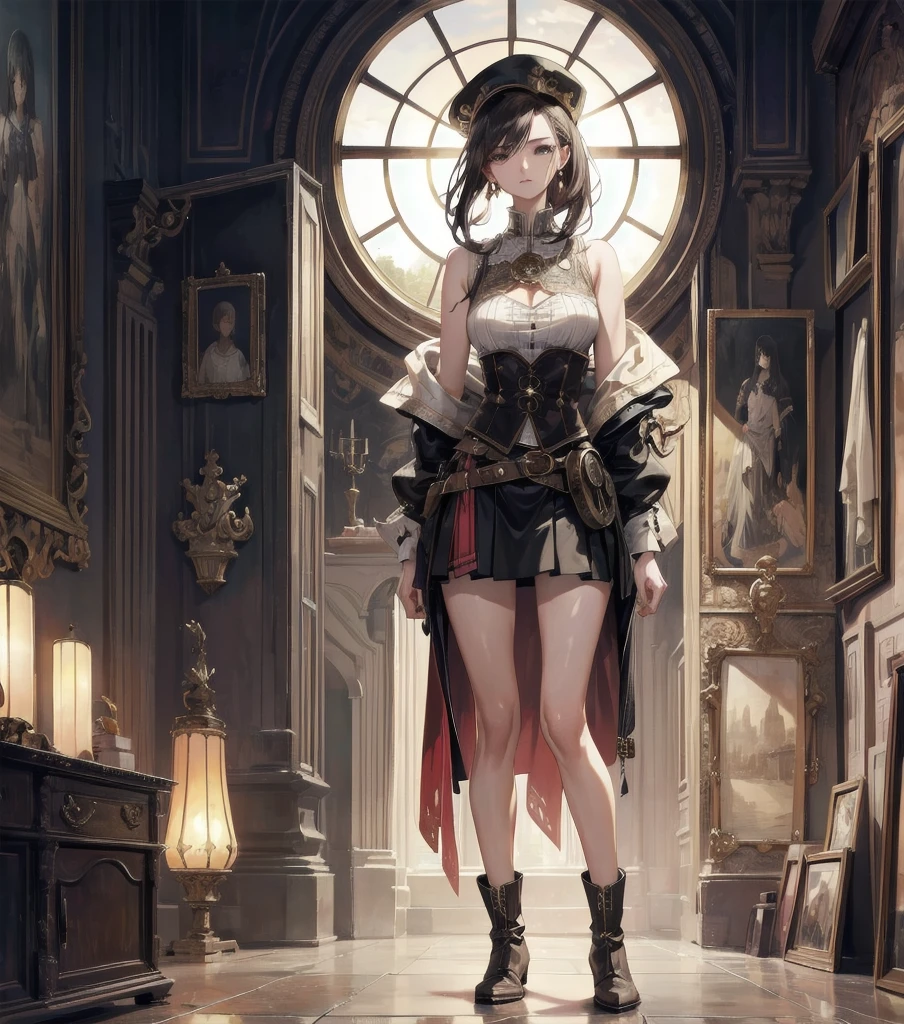 absurdres, RAW photo, extremely delicate and beautiful, masterpiece, Best Quality, ultra high resolution, 32k, hyper realistic, ultra-detailed, Very detailed CG 8k wallpaper, detailed background, landscape, Beautiful Lighting, Perfect Lightning, Realistic Shadows, perfect anatomy, anatomically correct, ideal ratio body proportions, perfect figure, Perfect Style, Perfect balance, super Detailed skin, in her 10s, very Slim body, narrow waist, very small head, very small face, delicate facial features, handsome detailed woman, very detailed eyes and face, realistic face proportions, Realistic beautiful face, Realistic beautiful eyes, tearful mole, earring, cowboy shot, very huge round tits, medium hair, asymmetrical hair, wavy hair, indoor, steampunk fashion, waistcoat, blouse, hat, boots, short skirt, bare shoulder,