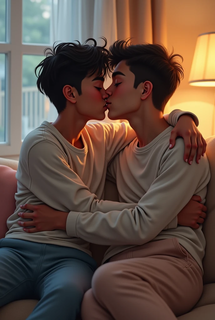 Asian boy and arab boy kissing in sweatpant