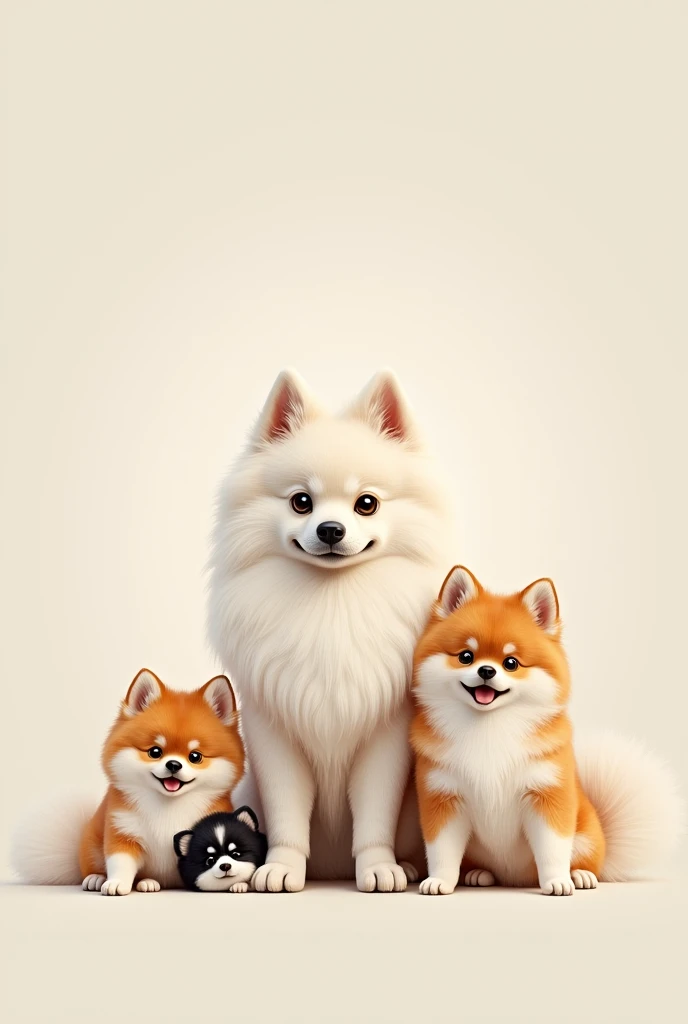An average adult white German Spitz, two adult medium-sized white and caramel German Spitz, a small black and white male German Spitz puppy