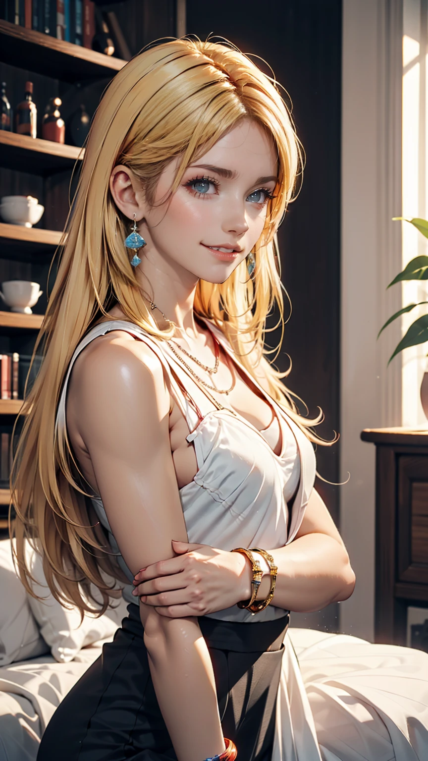 22 year old Caucasian female、Her hair color is blonde、blue eyes、Long Hair、Straight hair、Wrist Accessories、I&#39;チョーカーをつけているI、The skin is smooth、Laughter、A slim but muscular body、My heart is pounding、Laughter、Wearing a skater dress、Wearing red high heels、I&#39;Sitting on the city steps, Place your chin on your chin、Grin((A light smile ))