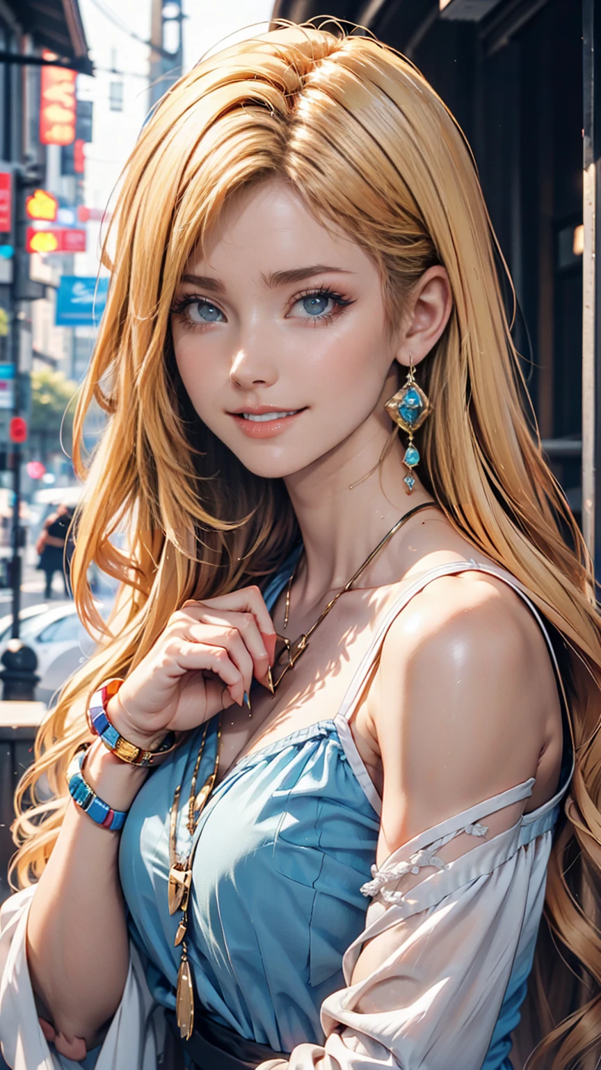 22 year old Caucasian female、Her hair color is blonde、blue eyes、Long Hair、Straight hair、Wrist Accessories、I&#39;チョーカーをつけているI、The skin is smooth、Laughter、A slim but muscular body、My heart is pounding、Laughter、Wearing a skater dress、Wearing red high heels、I&#39;Sitting on the city steps, Place your chin on your chin、Grin((A light smile ))