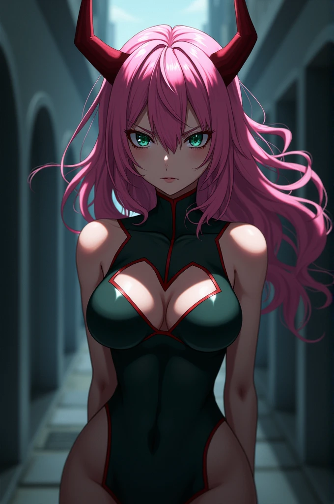 zero two \(Honey in Franxx\), Honey in Franxx, 1 girl, hits, to bite, from behind, shadow, green eyes, hair behind the head, horns, by the wide, looking at the viewer, big ass, make up, small breasts, pilot suit, White suit, pink hair, red eyeshadow, Science fiction, tight skin, Alone