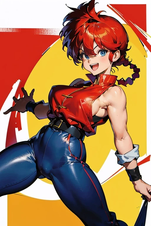 17 year old girl、blonde ponytail、Ahoge、big round red eyes、grin、small breasts、white t-shirt、red leather rider jacket、blue jeans pants、upper body close-up
huge breasts, thick things, wide hips, narrow waist
look at viewer, seductive, smile, smirk, open mouth, sexy pose,
, streets, in town, outdoors, see-through, undersized clothes, ((masterpiece)), high quality, very_high_resolution, large_filesize, full color, heavy outline, clear outline, colorful, (beautiful detailed eyes), (beautiful face:1.3), (boyish face), 1 girl, (femaleranma), (red hair), short hair, (braided ponytail), ((bangs)), bumpy bangs, blue-gray eyes, big breasts, curvy, black-wristbands, femaleranma, braided ponytail, chinese clothes, sleeveless, tangzhuang, black pants, cameltoe, standing, upper body, front view, (8k, RAW photo, best quality, masterpiece:1.2), RanmaChan, RanmaRedShirt, blue pants (masterpiece, best quality:1.2), 1 girl, Solitary (8k, Foto RAW, La mejor calidad, Obra maestra:1.2), Ranma Chan, Ranma Red Shirt, red hair, braided belt, blue pants, martial art age girl , hair up like a rooster, Wearing black clothes, fighting stance, full body, Black hair